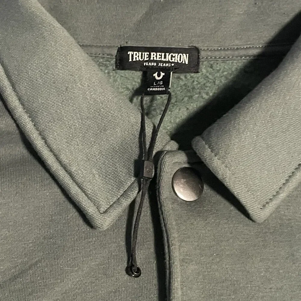 True Religion Men’s Collared Varsity Jacket Patches Size L Green Fleece Patches